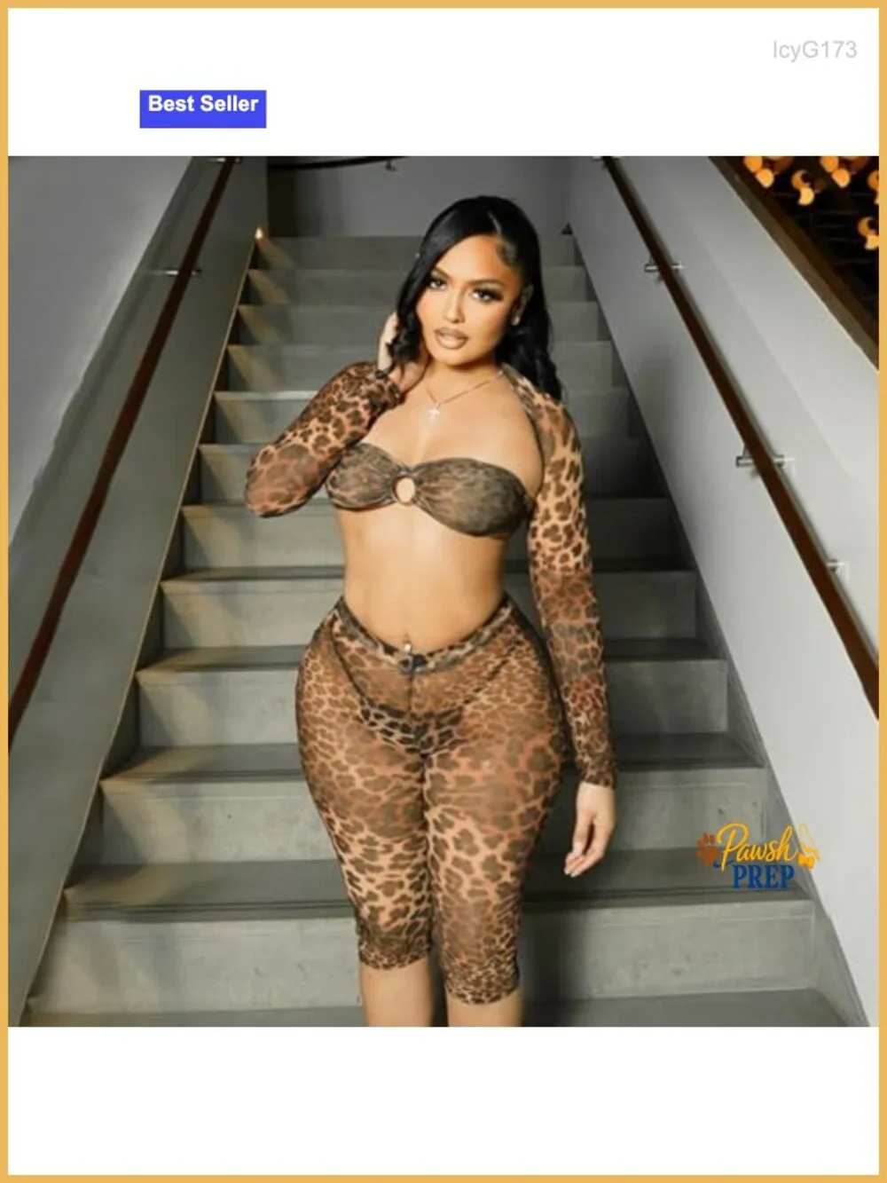 Sexy 3 Piece Cheetah Print Outfit Women Clubwear Long Sleeve See Through Set